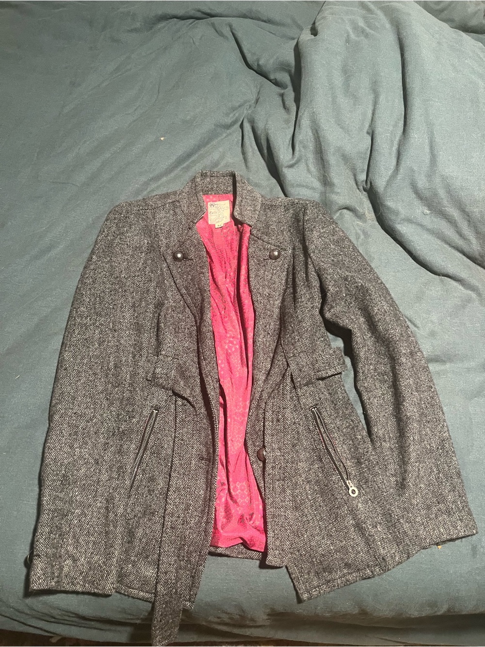 Tulle Gray Tweed Pea Coat with Pink Lining